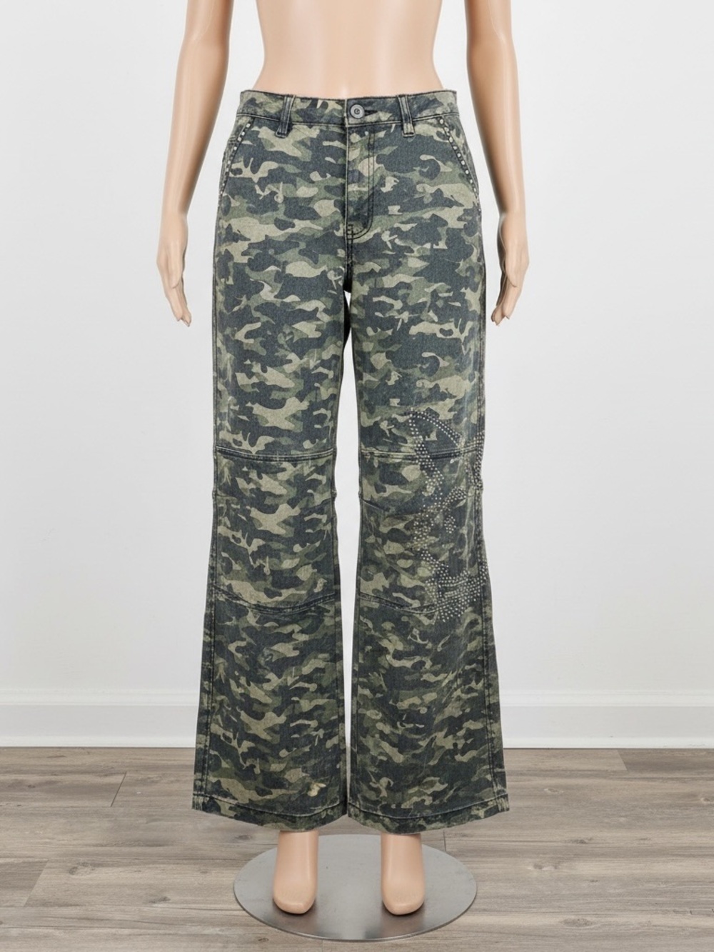Playboy Green Camo Bootcut Pants Women Size 5 S Rhinestone Studded Bunny Logo